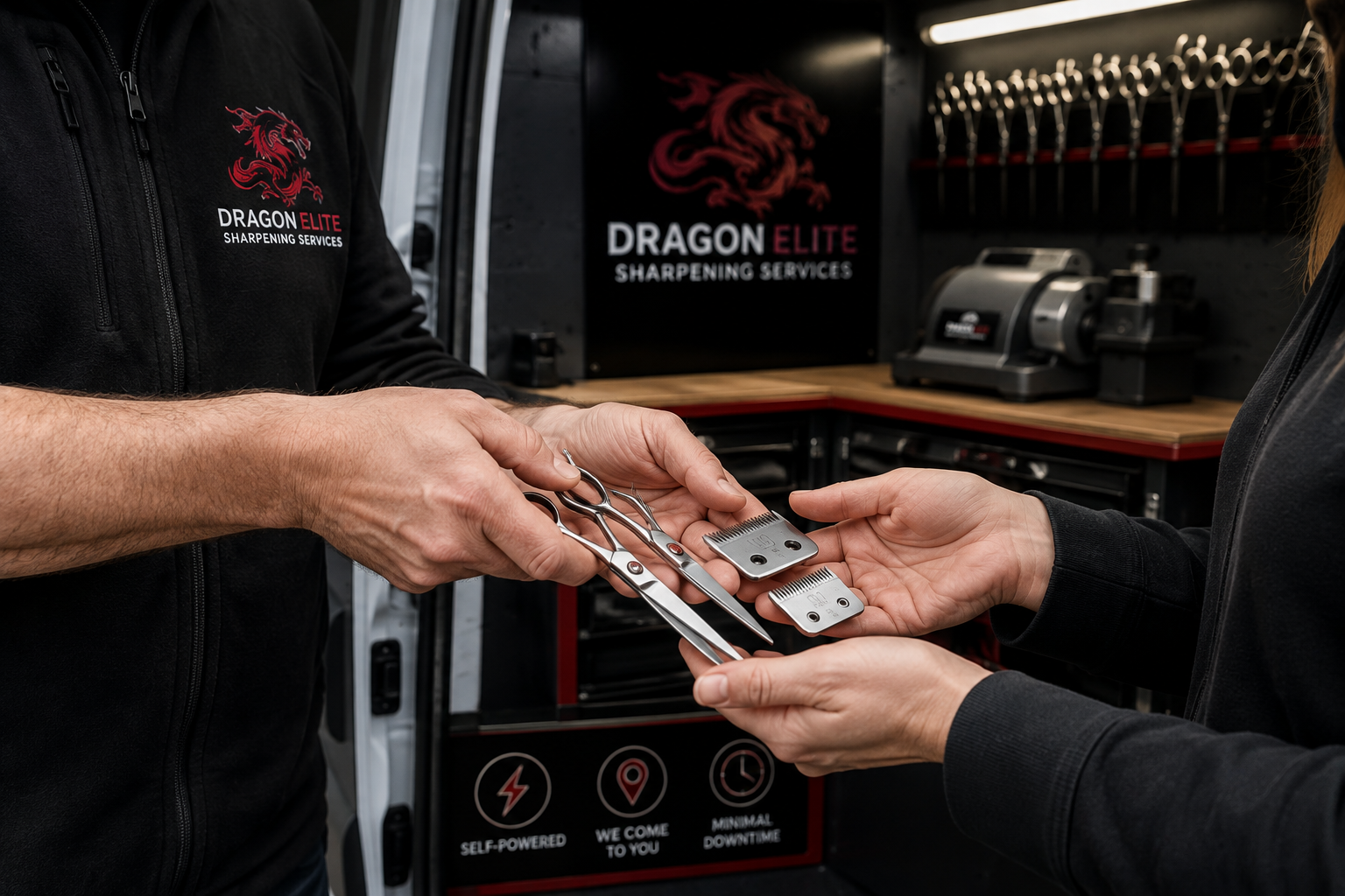 Dragon Elite returning sharpened scissors and clipper blades to a customer