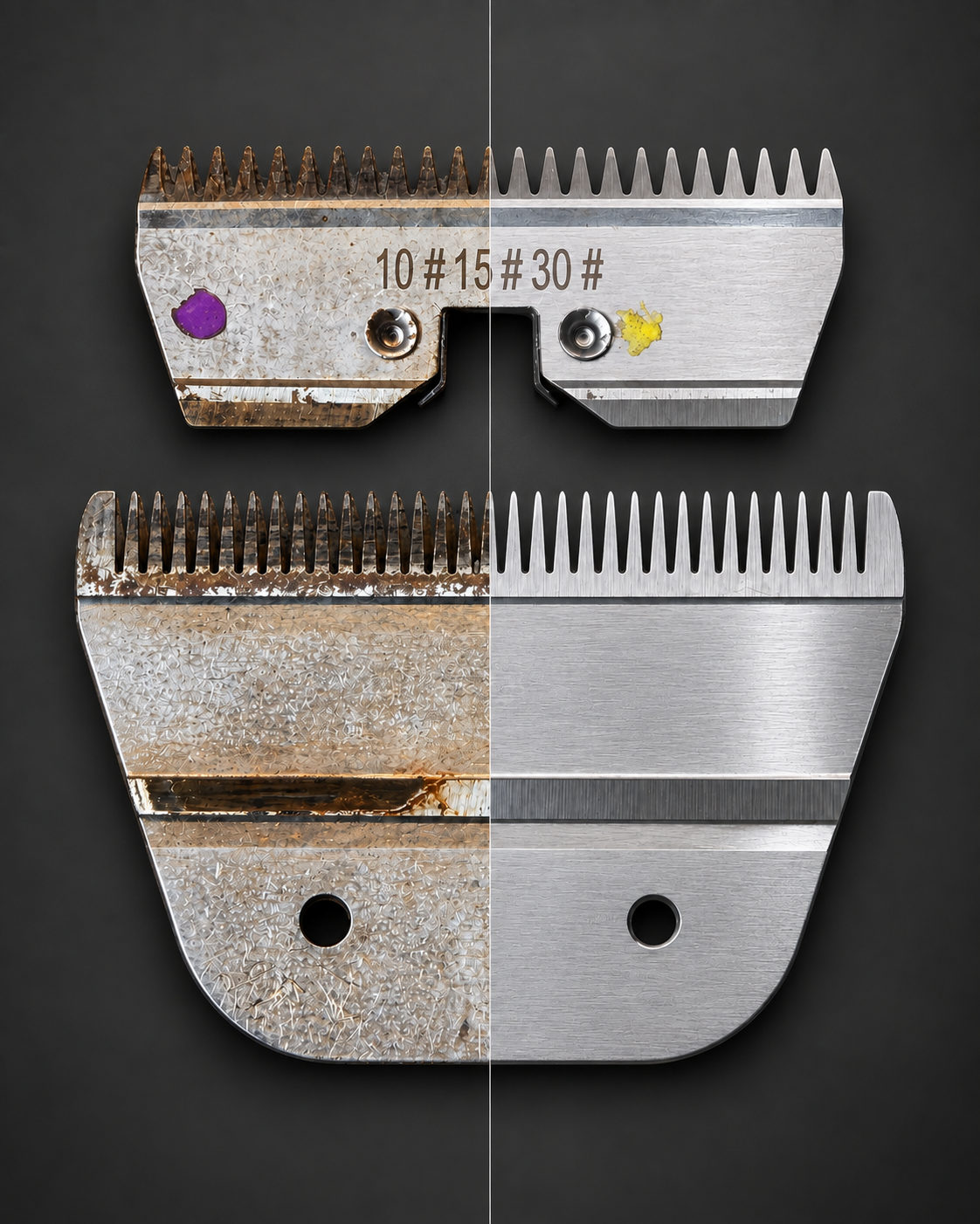 The same clipper blade before and after professional cleaning and sharpening, showing contamination and corrosion before treatment.