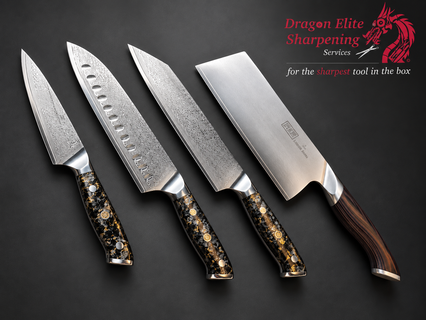Examples of professionally sharpened kitchen and chef's knives completed by Dragon Elite Sharpening Services.