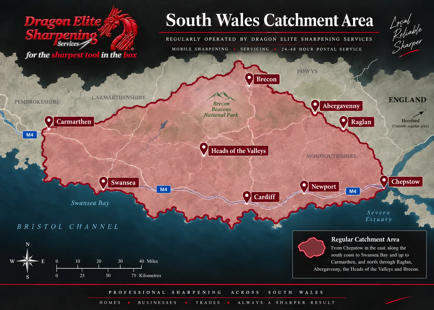 Dragon Elite Sharpening Services regular mobile sharpening catchment area across South Wales